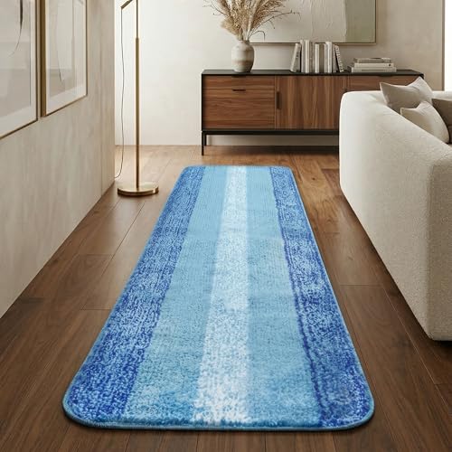 Image of SARAL HOME EASY LIVING Microfiber Striped Rectangle Anti-Skid Runner|Soft & Super Absorbent, Washable Multipurpose Bedside Runner for Home /Kitchen /Lobby /Office Entrance, 50X100 CM (Turquoise)