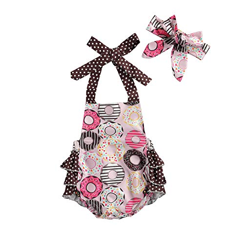 Votuleazi Infant Toddler Girls Boys Romper Outfit Donuts Printed Ruffles Strapless Jumpsuit Ruched Bowknot Headband 2PCS (Dark Coffee, 0-6 Months)