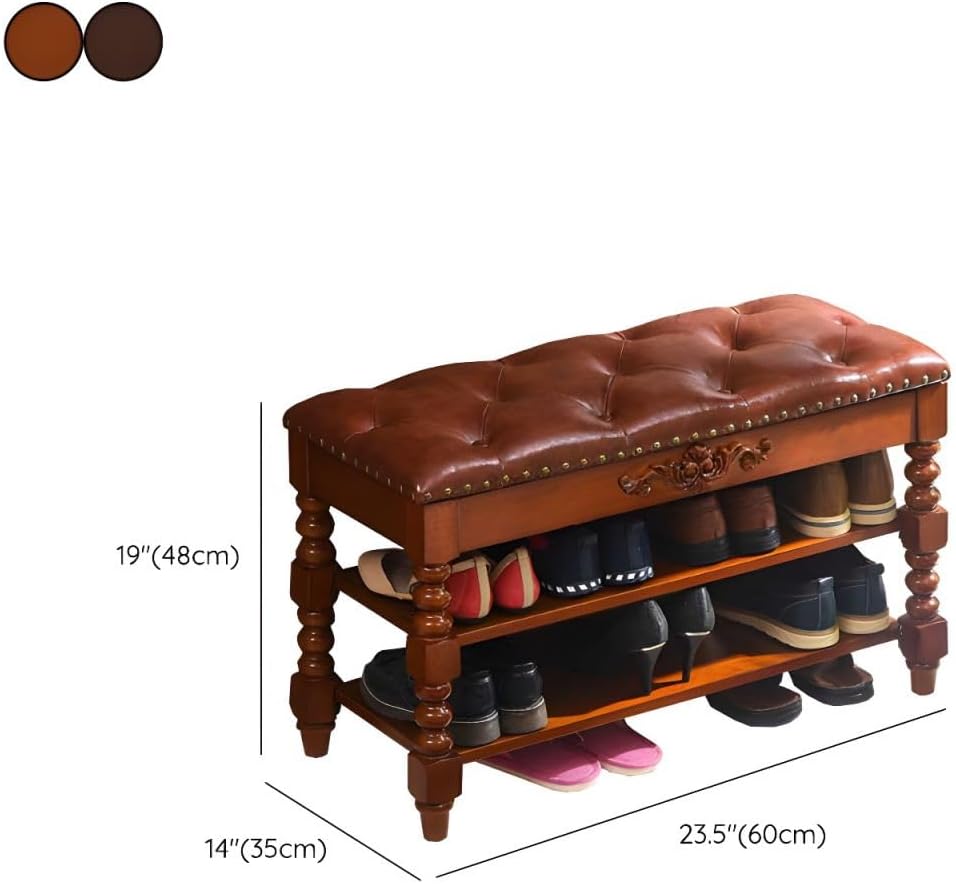 Upholstered Entryway Shoe Storage Bench with Flip Top Wood End of Bed Bench with Storage Shelves (Walnut, 23.6" L x 13.8" W x 18.9" H)