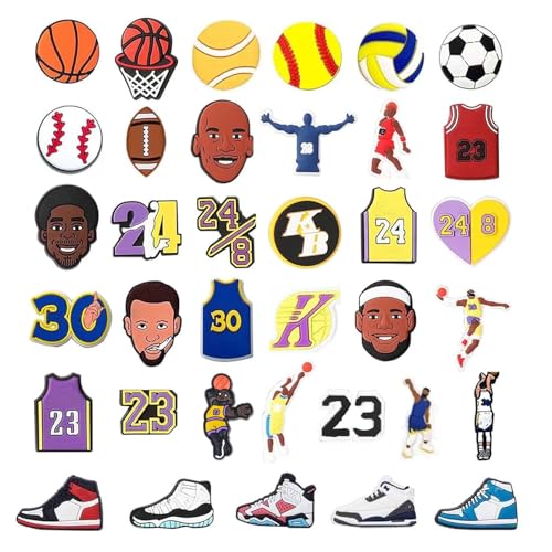 36Pcs Shoe Decoration Charms for Boys Adult Basketball Soccer Sports Charms for Bracelet Clog Sandals Fashion Cute Shoe Accessories for Kids Christms Gift