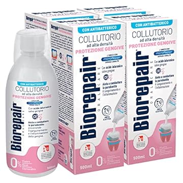 4x Biorepair Collutorio Protezione Gengive ad Alta Intensità Senza Alcol con Antibatterico - 4 Flaconi da 500ml