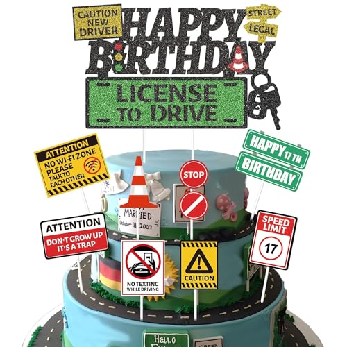 Lot de 9 décorations de gâteau pour 17e anniversaire – Décorations de gâteau pour 17e anniversaire de permis de conduire, panneaux de signalisation routière, fournitures de fête à thème pour enfants