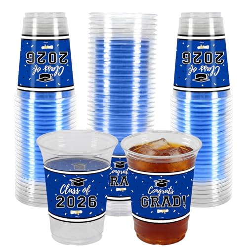 Labrostar 50Pcs Graduation Decorations 2026 Disposable Graduation Cups Congrats Grad Class of 2026 Decorations Graduation Party Supplies 16oz Blue