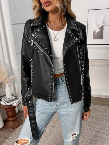 LY VAREY LIN Studded Faux Leather Moto Jacket Women Black PU Biker Coat with Rivets Punk Style2