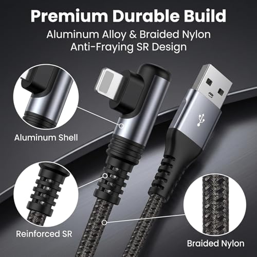 Image of Verilux 6.6FT Right Angle Lighting Cable, 12W USB A to Lighting Cable with 480Mbps Data Synch, Aluminum Alloy Housing & Nylon Braided for iPhone 14 /13 /12, iPad, AirPods