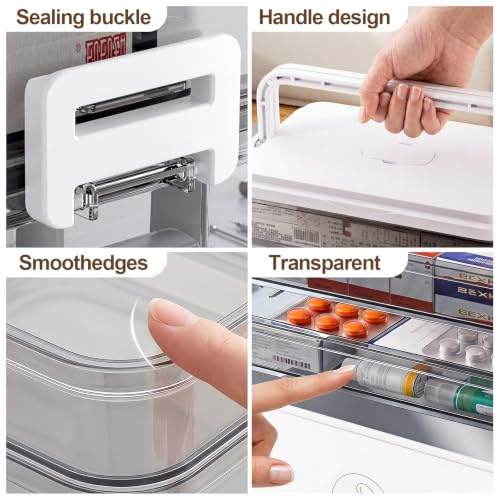 Organizador de almacenamiento para medicamentos de 3 niveles con estuche portátil para pastillas, caja portátil de primeros auxilios con capas extraíbles, contenedor médico transparente para medicamentos, vitaminas y suministros de emergencia miniatura 6
