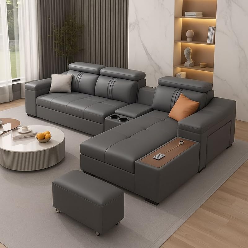 Image of Homax. Nimra Smart L-Shape 6-Seater Sectional Sofa Set with Console, Cup Holders, Charging Station & 2 Ottomans - Premium Leatherette Finish - Grey Color Orientation LHS