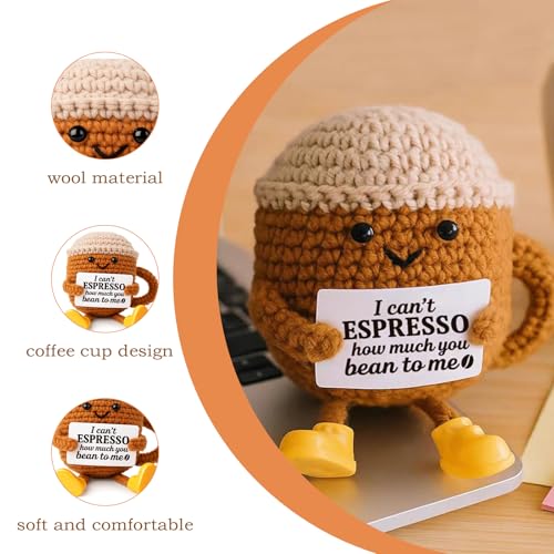 Image of Crochet Toys, Soft Toy Coffee Cup with Long Legs, Handmade Crochet Doll for Office Desk Decoration, Coffee Lovers Crochet Gift, Emotional Support Companion