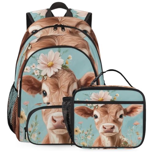 TropicalLife Cow Backpack with Lunch Box Set, Back Pack and Lunch Bag Cow Waterproof Casual Daypack Bag for Work Travel