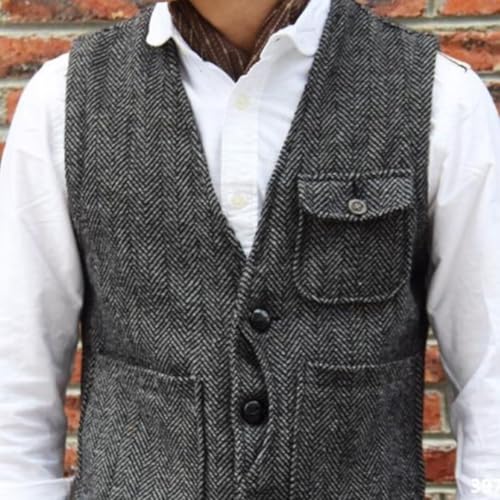 Men's Herringbone Tweed Vest V Neck Waistcoat Casual Vests for Men Vintage Travel Workwear Vest3