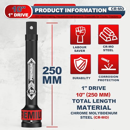 Image of 1 inch Drive Impact Extension Bar, 10 Inch Length Socket Extension, CR-V Steel, Narrow and Deep Areas in Household Haintenance, Trucks Tractors Repair or Industrial Operations