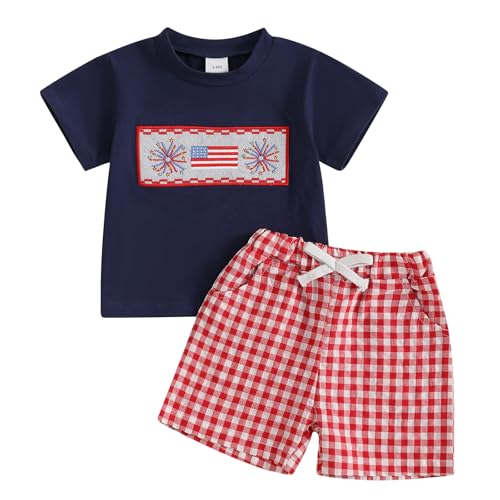 Image of 4th Of July Toddler Boy Outfit Popsicle American Flag T-Shirt and Gingham Plaid Shorts Set Independence Day Clothes