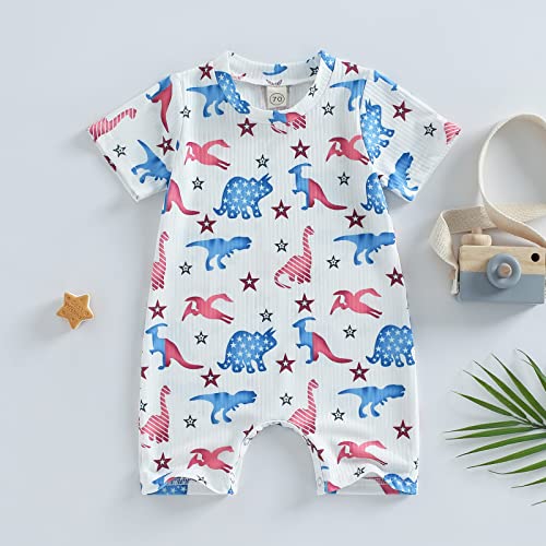 Karuedoo 4Th Of July Baby Boy Girl Clothes American Flag Short Sleeve Romper Jumpsuit One Piece Bodysuit Memorial Day Outfit (A-Red Blue Dinosaur, 6-12 Months) #TOP1