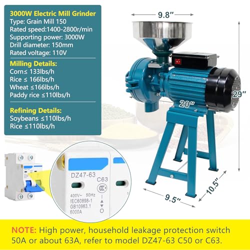 Naizea Grain Mills Wet Dry Cereals Grinder, Electric Grain Mill Grinder Corn Mill, Heavy Duty 3000W 110V Commercial Grain Grinder Machine, Wheat Feed Mill Flour Mill With Funnel thumb #2