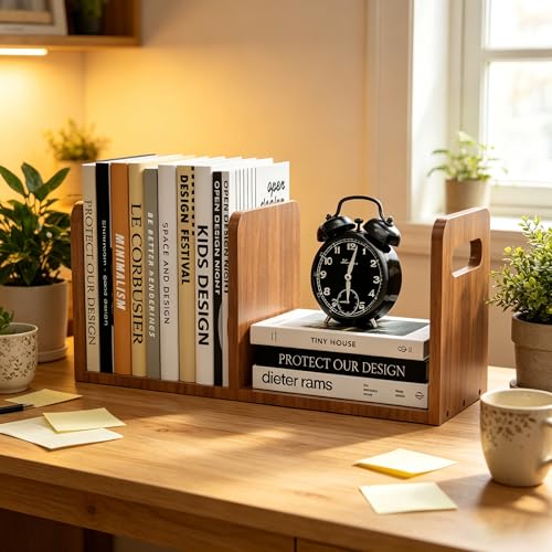 Image of 100% Solid Wood Adjustable Desktop Bookshelf With Movable Divider, Retro Tabletop Bookshelf With Convenient Handle Design for Living Room, Home, Office, Perfect for Magazines, Books, Files (Brown)