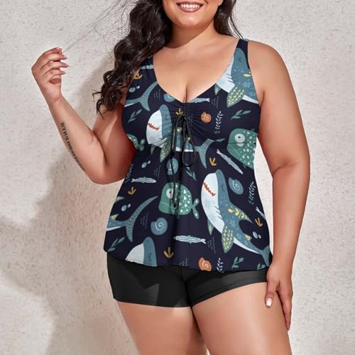Cute Shark Women's Plus Size Swimsuits with Shorts Tankini Bathing Suits4