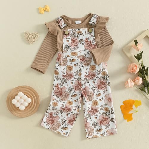 Newborn Baby Girl Fall Outfits Ribbed Long Sleeve Rompers Suspender Overalls Pants Sets Infant 2Pcs Clothes3