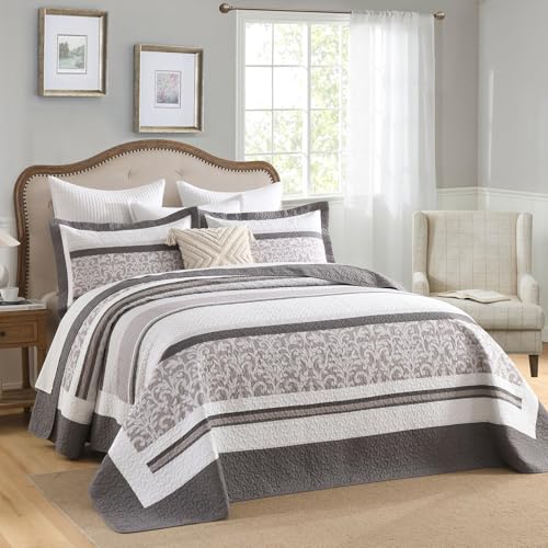 Bedduvit 100% Cotton 120"x128" Oversized California King Bedspreads - Farmhouse Botanical Cal King Bedspread Set, 3pcs Lightweight Rustic Striped Patchwork Extra Large Cotton Quilts, Brown/Gray/White - image 1