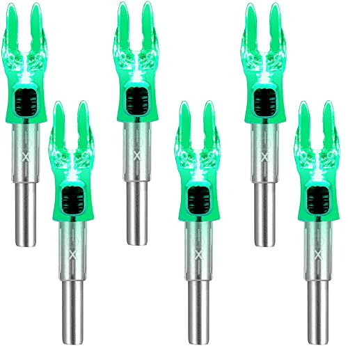 DEEPOWER 6 Pack X Lighted Archery Nocks for Arrows .204 Inside Diameter Lighted Arrow Nocks for 5.2mm Arrows Shafts with ON/Off Switch (Green)