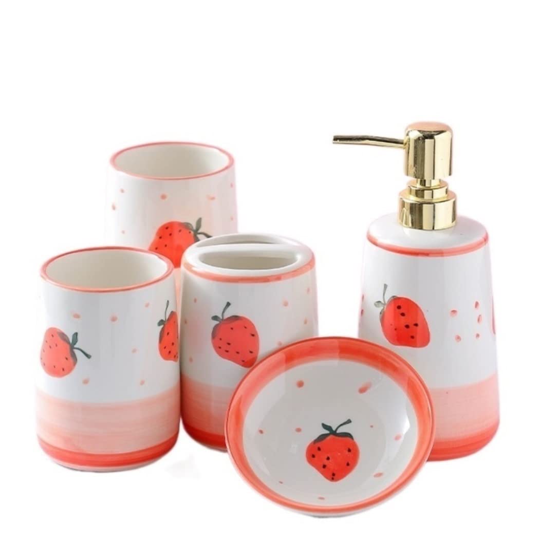 Arbeitsplatte Badezimmer Zubehör Set Badezimmer-Set, Seifenspender-Set Aus Keramik, Erdbeer-Pumpspender, Flaschen Für Badezimmer, Küche, 400 Ml/13,5 Oz Badezimmer Set(Pink,5Pieces)
