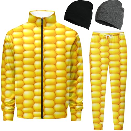 Retro 90s 80s outfit for men sweatsuits track suits for men 2 piece set Full Zipper with 2 Knit Beanie hat