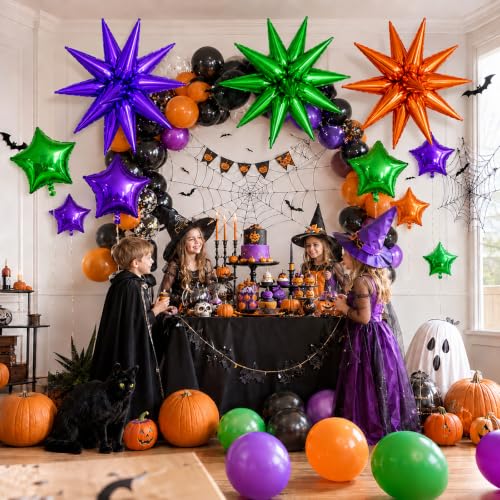 Image of Star Balloons Halloween Balloon Purple Orange Green Explosion Stars Balloon | 22 /18 /10 In Metallic Orange Purple Green Spike Stars Foil Balloon for Halloween Ghost Themed Birthday Gradution Party Decor