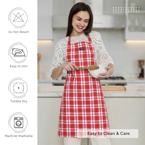 Image of Encasa XO Cotton Cooking kitchen Apron for Women and Men chef apron With adjustable neckstrap, Pocket & Towel Holder for Easy cooking, Baking, BBQ, Gardening- Franca Red Checks, 68x85 cm