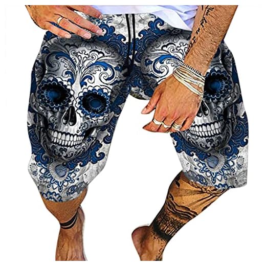 Suncolour Herren Badeshorts Herren Totenkopf Badehose Sommer Strand Lässig Baumwolle Kurze Retro Bedruckte Badehose