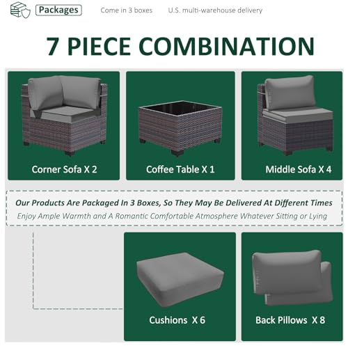 Image of 7 Pieces Outdoor Patio Furniture Set,Outdoor Sectional Furniture All Weather PE Rattan Wicker Patio Conversation Set with Coffee Table and 6 Thickened Cushions,Grey