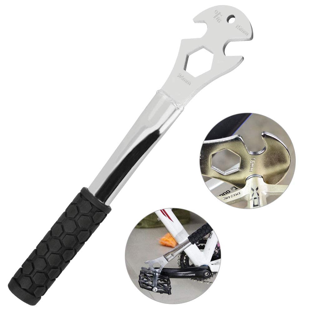 TERRIFI Pedal Spanner Bike Pedal Wrench Three-in-one Function Bicycle Pedal Spanner 24mm Front and Rear Axle Spanner Pedal Install Spanner Repair Tool with Anti-Skidding Long Handle (Silver)