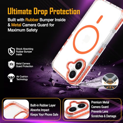 Image of Zapcase Crystal Clear Back case for iPhone 17 | Hard PC Back | TPU Bumper with Inner Rubber Grip | Metal Camera Guard Bezel | Metal Buttons | Scratch Resistant Cover | 2 Layer Edge Protection | Orange