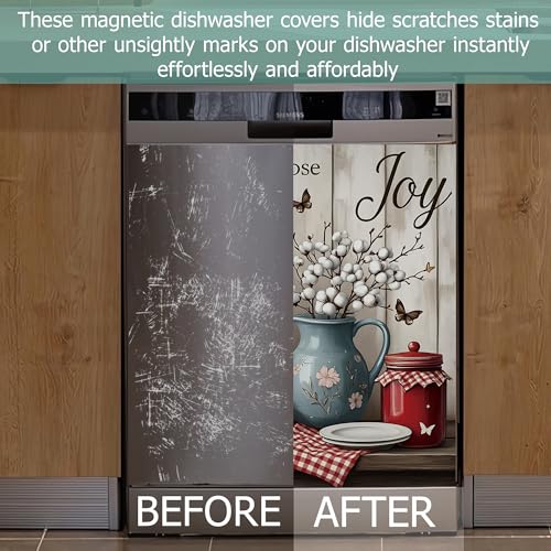 Image of Funny Rooster Refrigerator Magnet Cover,Rustic Farmhouse Flower Washable Dishwasher Magnets Decorative Cover,Home Kitchen Decorative Dishwasher Front Panel Cover 23x26 Inch