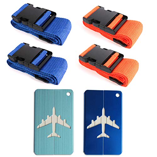 KungFu Mall 4 Stück Kofferband & 2 Stück Kofferanhänger mit Adressschild, Koffergurt & Gepäckanhänger für sichere Reisen