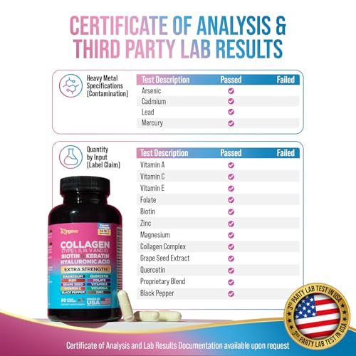 Zoyava Collagen Pills Peptides Types I, II, III, V & X MCG Biotin Keratin Hyaluronic Acid MSM Vitamin A Vitamin C Vitamin E Folic Acid Zinc Magnesium with Grape Seed Extract, Quercetin (90 Caps) - Image 4