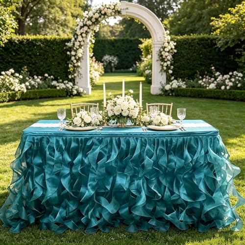 Image of Luxury Organza Mesh Table Skirt Draping Floating Romance - Perfect for Bridal Showers, Birthday Weddings - Clear Flowing Decoration for a Wonderful Main Cake Table (Peacock Blue-6ft, 72 inchLx30 inchH)