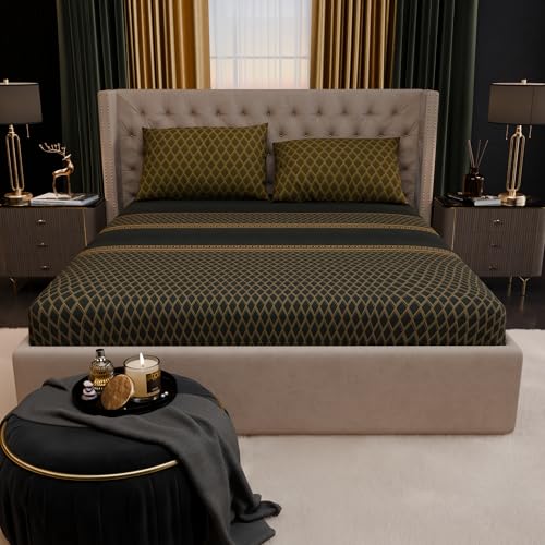 Image of Stoa Paris 100% Bamboo Cotton King Size Fitted Bedsheet with 2 Pillow Covers, 200TC Printed Bed Set, Breathable, All-Season Comfort, Home Decor, Imperial Grandeur - Verde Empire (182cmx198cm+30cm)