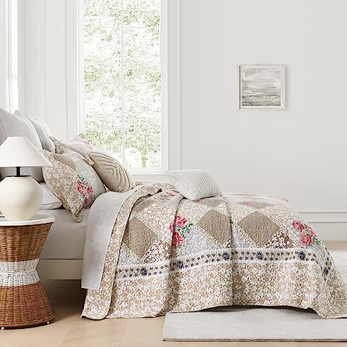 SahSahCasa 100% Cotton 128"x120" Oversized California King XL Bedspread Coverlet Quilt Set, Cal King Quilted Bedspread Extra Large Quilt, Floral Bed Spread Lightweight Comforter, 3pc, Brown/Grey — view 5