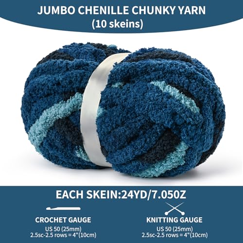 Image of 10 Pack Jumbo Chunky Yarn for Hand Knitting, Fluffy Variegated Chunky Chenille Yarn for Crocheting, 240yds /70.5oz Super Bulky Soft Crochet Baby Blanket Yarn(Tie Dye Blue)