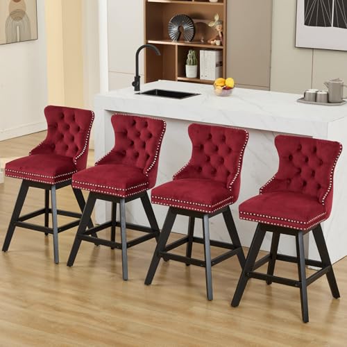 Butacos Giratorios para Barra de Cocina, Set de 4, Tapizados en Velludo con Espaldar y Patas de Madera Sólida (Borgoña, 26 pulgadas de altura) miniatura 2