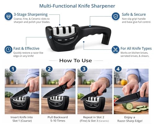 Image of Kitchen Knife Set 3-Piece with Knife Sharpener Tool, Stainless Steel Chef Knives, Sharp Cutting Knives for Kitchen, Vegetable, Fruit & Meat Cutting (3 Knife Set + Knife sharpner)