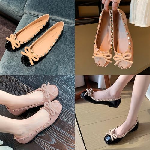 Women's Patent Leather Slip-On Ballet Flats,Cute Bow Studded Square Toe Comfortable Soft Sole Casual Dressy Party Shoes3