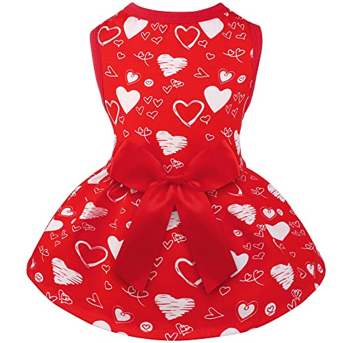 Pedgot Valentine's Day Cotton Dog Dress Red Girl Puppy Clothes Outfit Heart Pattern Dog Dresses Elegant Princess Doggie Dress with Bowknot Doggy Shirt Vest Puppy Party Costumes for Small Dog, Large