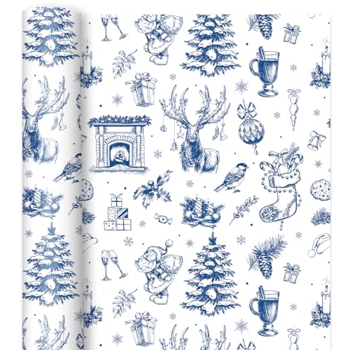 Whaline Christmas Wrapping Paper -Mini Roll- 17 In x 32.8 Ft Blue Christmas Tree Reindeer Santa Stocking Gift Wrap Paper for Xmas Winter Wrapping Supplies