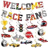 26 PCS Race Car Party Decorations kit Welcome Race Fans Banner and Racing Ceiling Streamers Cars Checkered Flag Helmet Hanging Swirls Streamers Decor Set for Racing Themed Birthday Party Decor