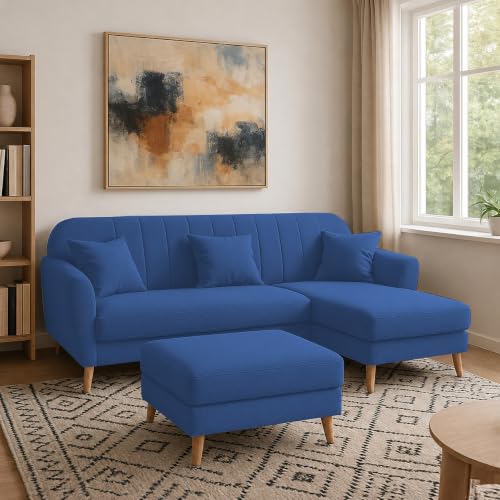 Image of Atticus RHS 4 Seater L Shape Sofa Set with Ottoman for Living Room (Blue Fabric) Premium Fabric Sofa Set