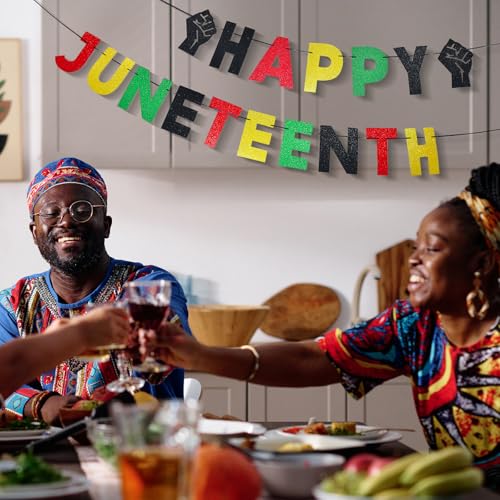 Image of Happy Juneteenth Banner - Pre-Strung Glitter Red Green Black Gold Garland with Fist Signs Honoring 1864 for Freedom Day Party, Juneteenth Celebration, African American Independence Decor, and Emancipation Day Decorations