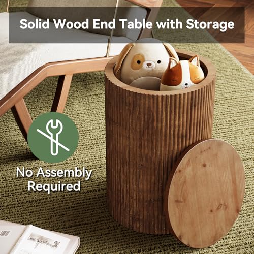 Solid Wood Round Side Table with Storage, No-Assembly Fluted End Table with 4 Wheels, Wooden Nightstand for Small Spaces, Living Room, Bedroom (Fully Assembled) - Image 5