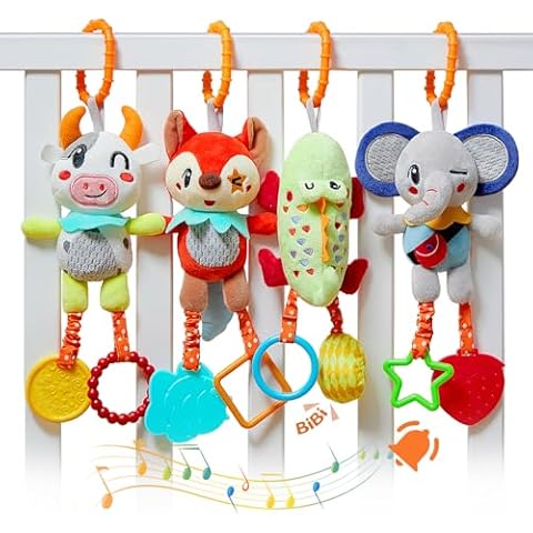 TUMAMA 4 Pack Baby Toys for 0 3 6 9 12 Months, Hanging Crib Toys for Newborn Infant Development, Car Seat Stroller Soft Plush Rattles Toy for Babies Cover