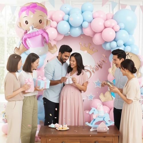 Image of Rozi Decoration Baby Shower Party Decor Set with Foil Banner, Girl & Boy Balloons, Pink Blue Latex Assortment, Celebration Backdrop Kit Pack of 63