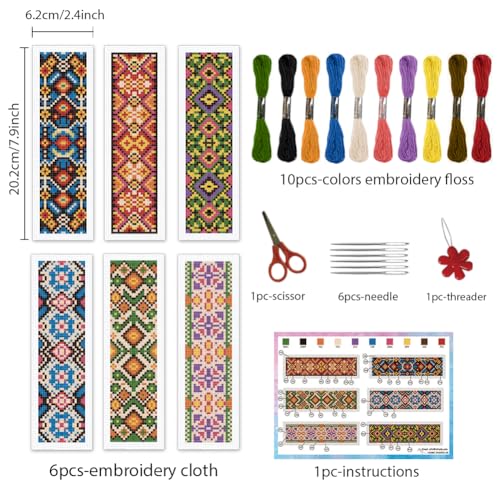 Image of INFUNLY 6PCS Colorful Flower Cross Stitch Bookmark Kit for Adults 8.66 inchx3.15 inch Plaid Flowers Ethnic Embroidery Bookmark Kit Geometric Pattern Counted Cross Stitch Kit with Instruction for Book Lovers